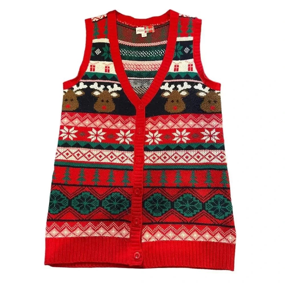 MerryWear Women’s Small‎ V-Neck Fair Isle Ugly Christmas Rudolph Sweater Vest